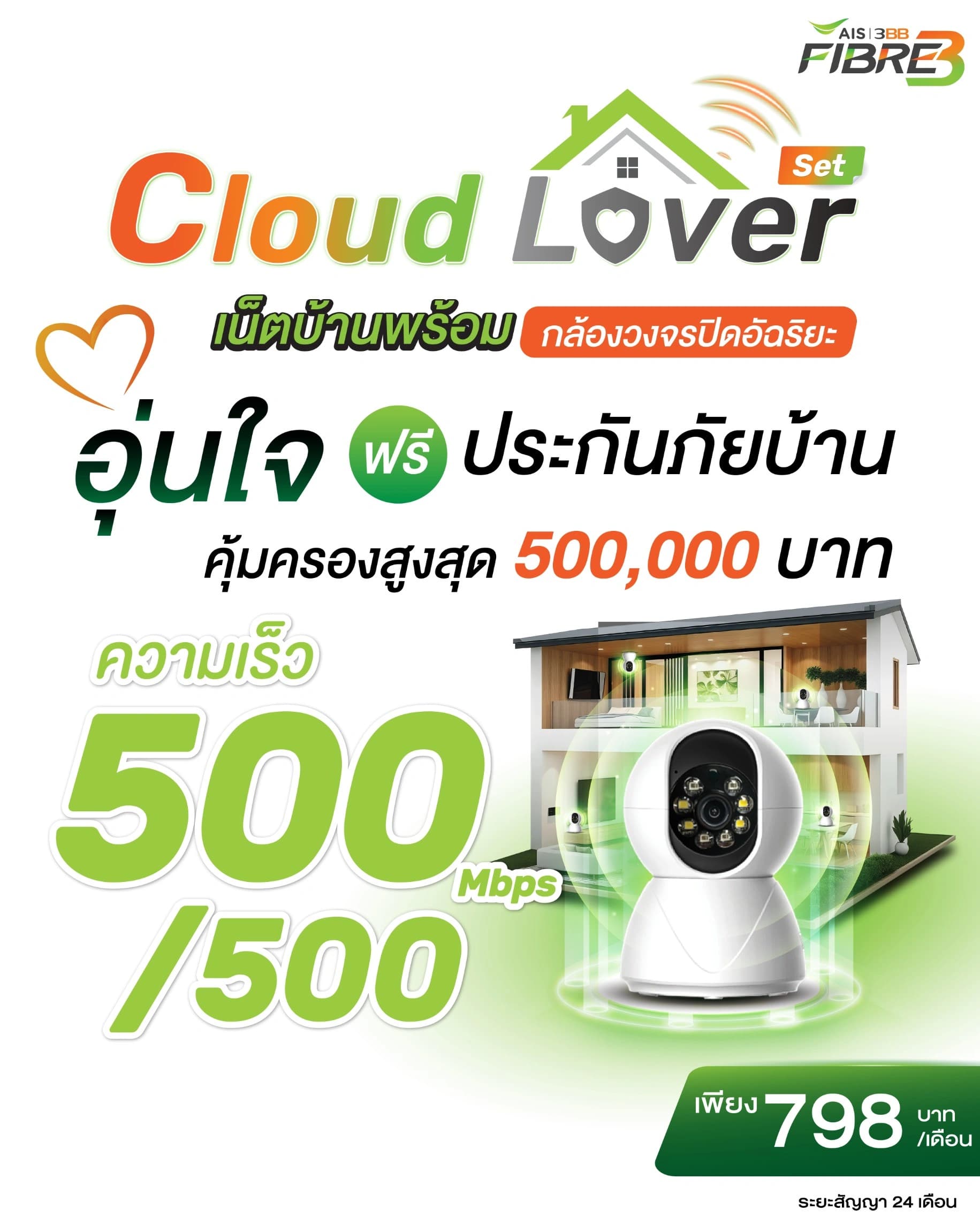 แพ็กเกจ Cloud Lover Set อุ่นใจ เน็ตบ้าน 3BB 500/500 Mbps พร้อมกล้องวงจรปิดและประกันภัยบ้านคุ้มครองสูงสุด 500,000 บาท ราคา 798 บาทต่อเดือน