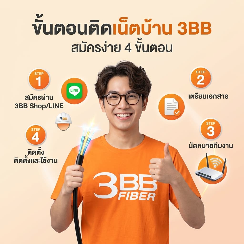 ขั้นตอนติดเน็ตบ้าน 3BB สมัครง่าย 4 ขั้นตอน ผ่าน LINE @3bbfibre