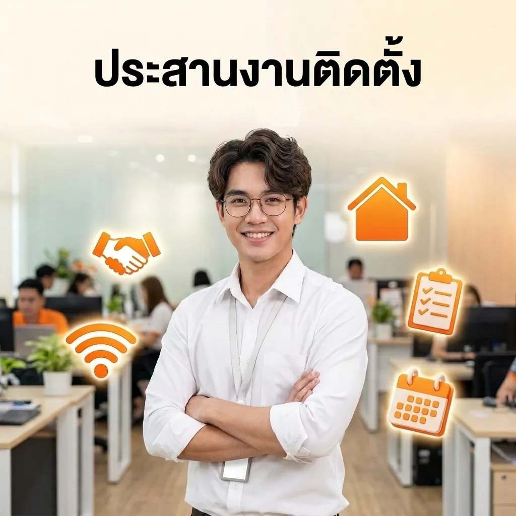 ภาพประกอบพนักงานตัวแทนจำหน่ายในสำนักงาน พร้อมข้อความ ประสานงานติดตั้ง
