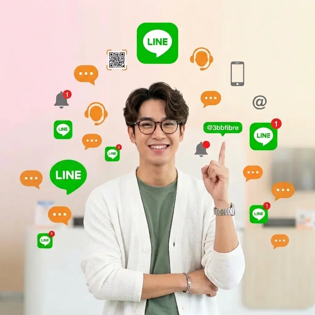 เจ้าหน้าที่ยิ้มชี้ไปที่ไลน์ @3bbfibre ล้อมรอบด้วยไอคอนแชตและไลน์