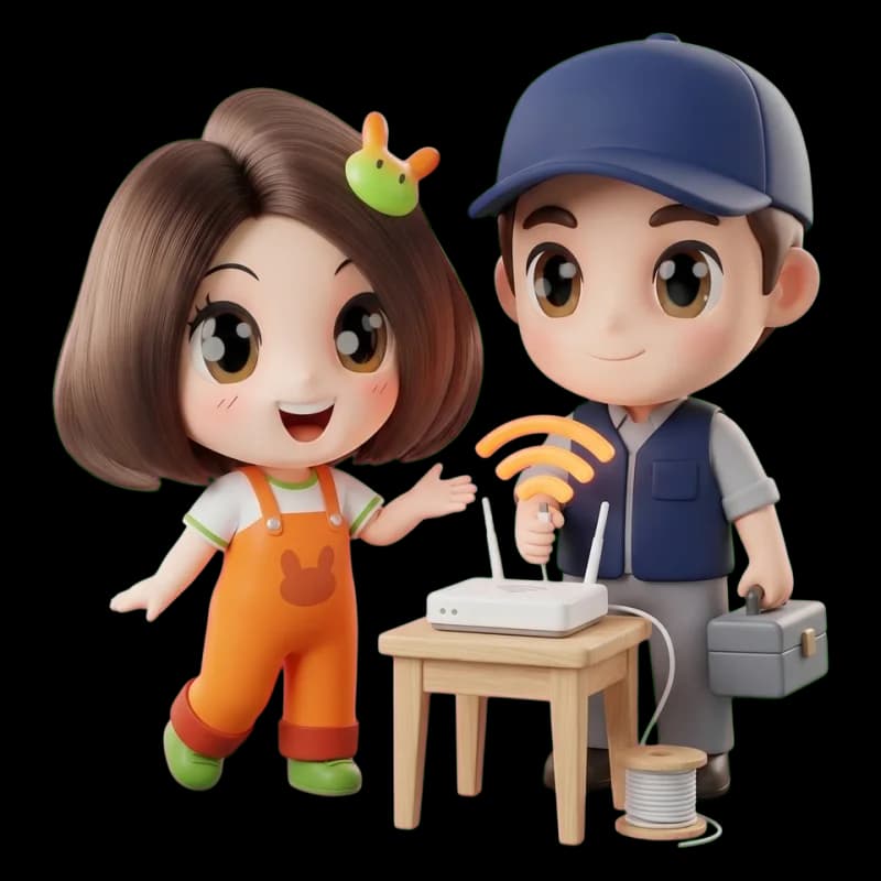 ตัวการ์ตูนส้มจี๊ดต้อนรับช่างที่กำลังต่อสาย Router สื่อถึงช่างของผู้ให้บริการเข้าติดตั้งตามวันนัด